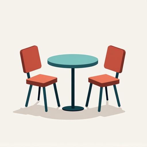 A round table with two red chairs next to it. The table is turquoise. Simple and modern design. Chairs are placed evenly on either side of the table.