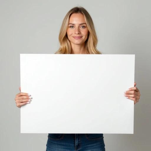 Blonde woman holds a large white square poster. White background provides a clean and simple look. Woman appears ready to promote or present something. Hands are positioned at the edges of the poster. The focus remains on the poster with the subject's neutral expression.