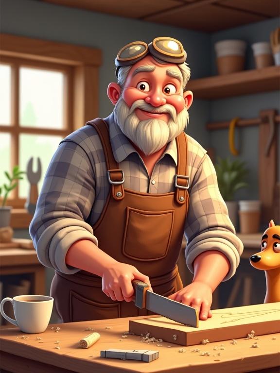 Cartoon illustration depicting a cheerful carpenter in a cozy workshop. Middle-aged man with round face and short beard is cutting wood. He's wearing a classic brown apron over a plaid shirt and has safety goggles. The workshop features wooden furniture and tools on the walls, warm lighting and a loyal dog nearby. A cup of coffee is present on the workbench. Sunlight is streaming through the window.