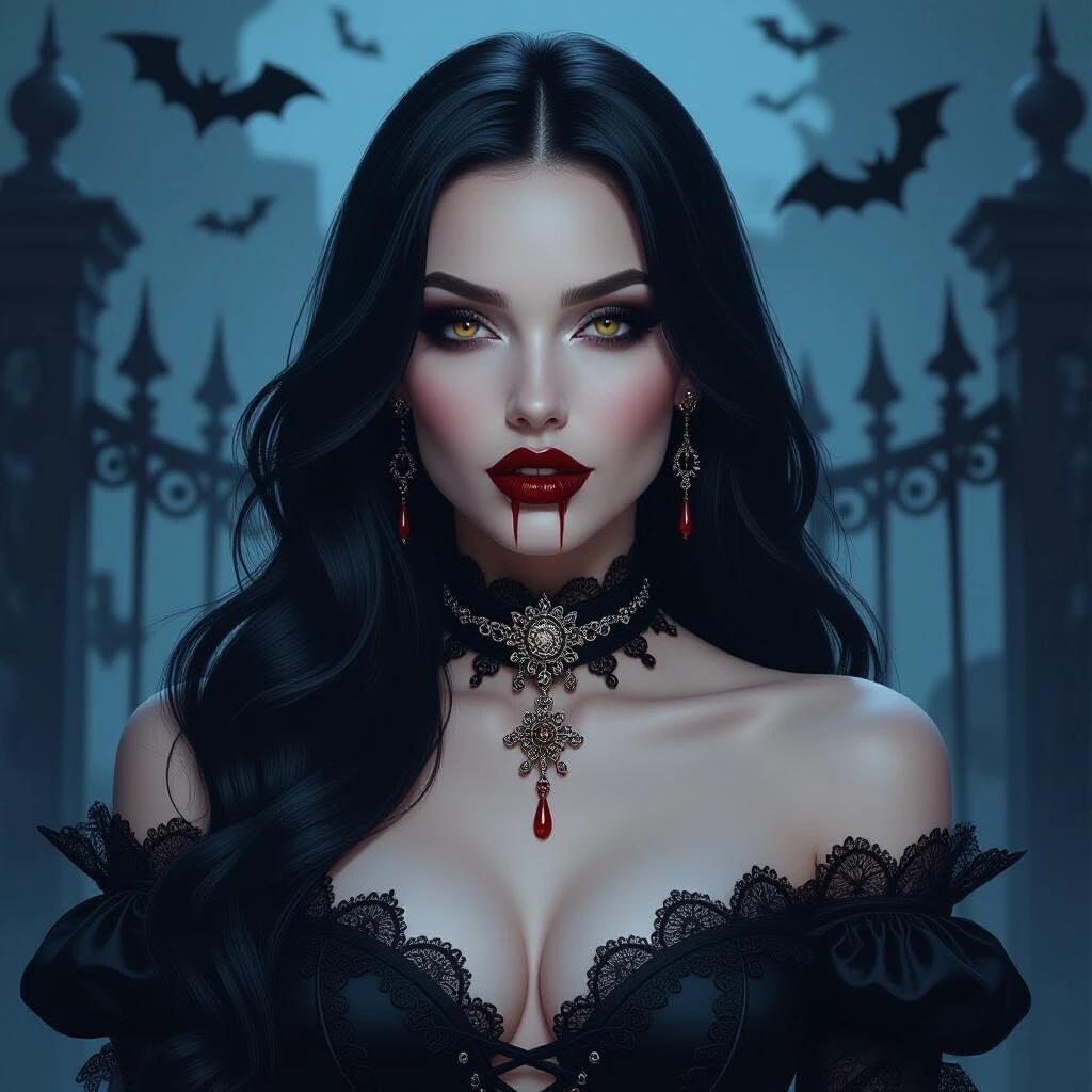 A vampire with long black hair and pale skin. Black lipstick and sharp white fangs with blood. Lavish choker and lace corset. Gloomy background with bats and a wrought-iron fence. Dark and mysterious ambiance with shadows and dim lighting.