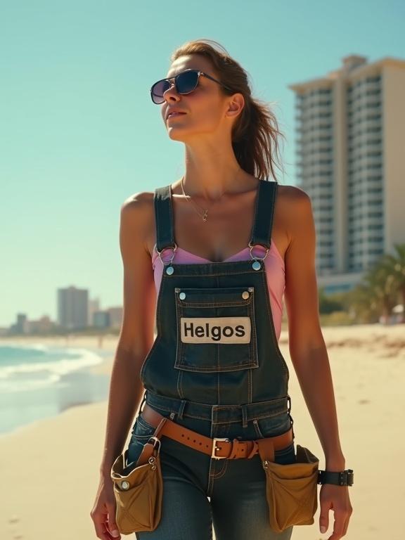 A fit girl wearing dark bib overalls with the word 'HELGOS' walking on a beach. She has a tool belt, sunglasses, and a relaxed attitude. The background has a tall hotel. The image captures cinematic lighting and warm tones.