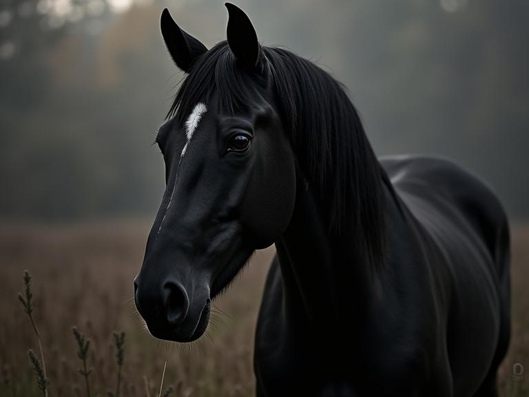 A close-up of a black horse's head seen from beneath. The background is blurred, creating a moody atmosphere. The horse has a shiny coat and is looking forward.