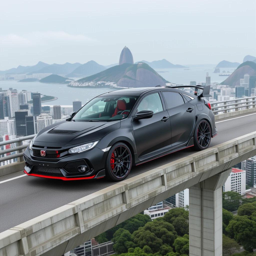 A black and red car speeding on a ramp above the city skyline. The car is sleek and sporty. Features a modern design. Urban landscape in the background with buildings and mountains.
