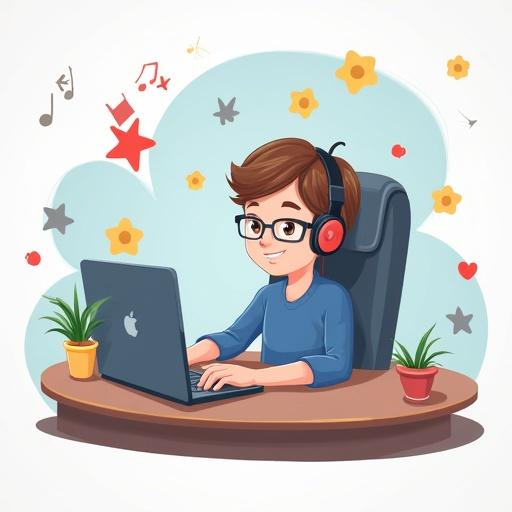 Stylized icon illustrating a person engaged with a laptop in a creative workspace. The individual wears headphones and is surrounded by potted plants and colorful musical notes. Design evokes a modern, digital environment suitable for young users.