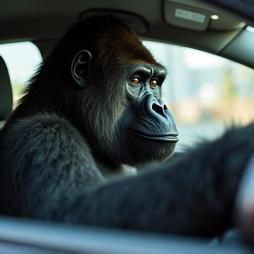 Gorilla sitting in passenger seat of car. Gorilla shows a serious expression. Car interior is visible. Sunlight illuminates the gorilla's fur. Focus on gorilla's face and arm. Urban background can be seen through the window.