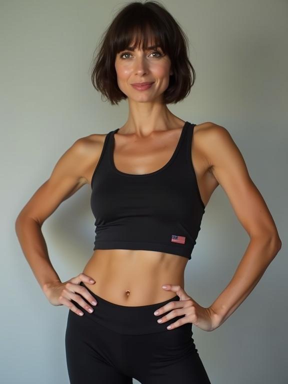 Female fitness model poses confidently in a black tank top and leggings. Short bob hairstyle. Hands are on hips. Proud and seductive expression. Showcases a toned body with visible abs.