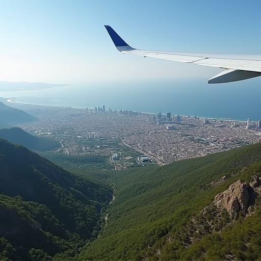 Aerial view of the city of Palma de Mallorca from an airplane. Clear blue skies and visible Mediterranean Sea surface. Airplane wing seen in the frame. Green mountains in the foreground. High-resolution image with excellent visibility.