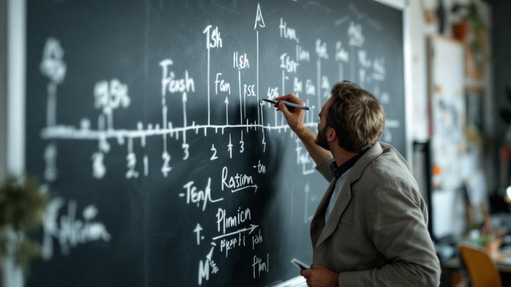 A writer is focused on drawing a timeline on a blackboard. The blackboard is filled with notes and sketches related to a novel he is working on. He appears deep in thought, organizing his ideas visually. The environment suggests a creative workspace filled with learning materials. Soft lighting enhances the atmosphere of dedication and creativity.