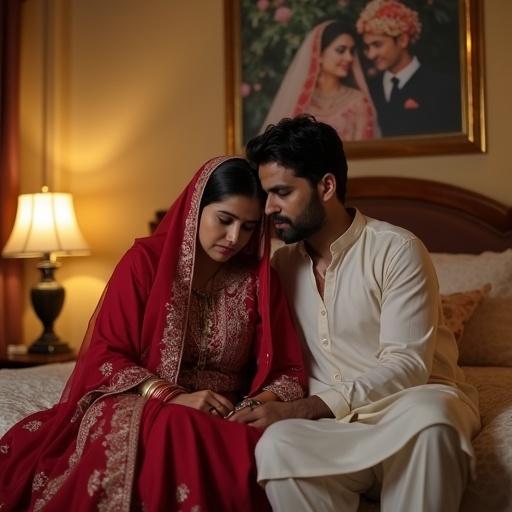 A Pakistani couple sits in a traditionally decorated bedroom. The woman in a simple shalwar kameez and covering head appears sad, holding a tasbih. The man, in plain attire, comforts her. A framed wedding photo in the background shows them smiling in festive attire. The scene captures emotional contrast between current struggles and past joy.