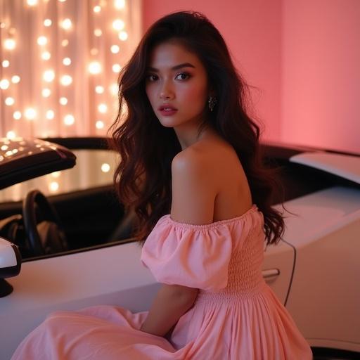 Photograph features beautiful young woman with bright skin and black wavy hair in pastel pink off-shoulder dress. The woman poses seductively in a cozy pink bedroom decorated with fairy lights. She sits in a stylish white Lamborghini and the setting has soft lighting from the morning sun.
