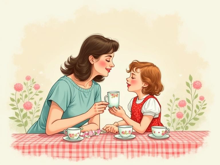A retro-inspired scene featuring a mother and daughter sharing a tea party. Teacups are floral-themed. A checkered tablecloth covers the table. Soft pastel colors dominate the image. Hand-drawn linework is visible with subtle polka dots.
