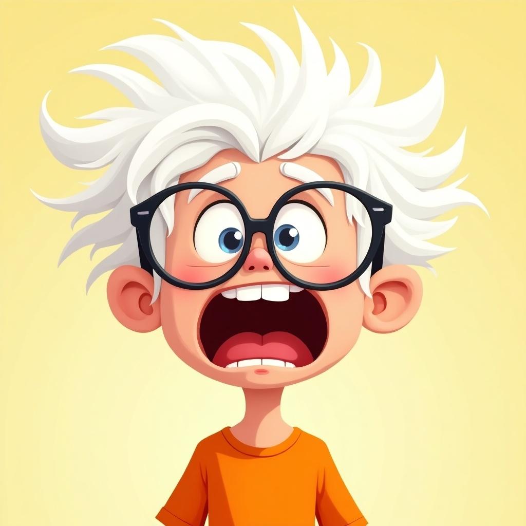 This is a cartoon illustration of an enthusiastic teenager with wild white hair and large glasses. He's wearing an orange shirt and has a look of amazement on his face. The background is a light yellow, enhancing the cheerful vibe. The character’s wild hair adds to his exuberant personality. His expressive eyes convey wonder and excitement, perfectly capturing the essence of youthful enthusiasm.