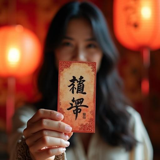 A person with black hair holds an intricately hand-painted card with Asian calligraphy. The background is soft with lantern lighting.