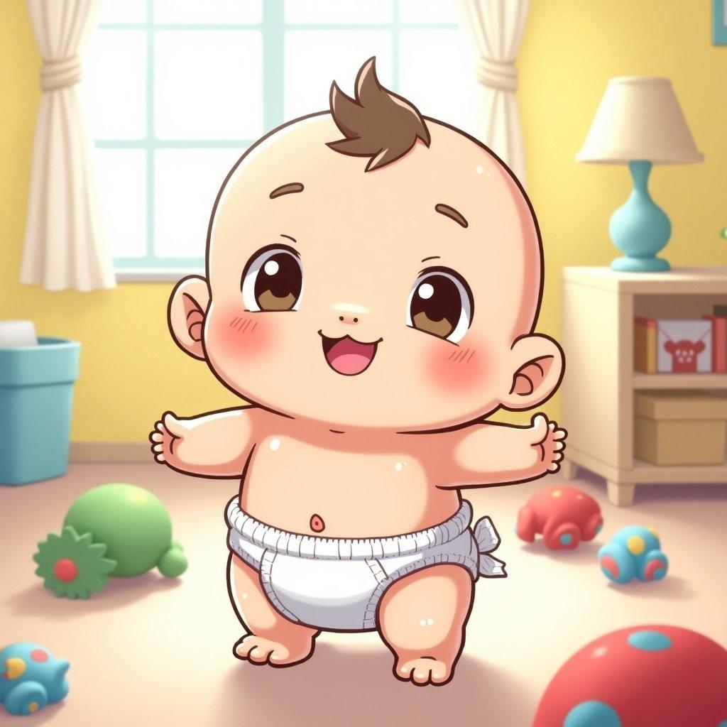 Baby illustration with a happy smiling infant wearing a diaper. The child is standing in a bright and colorful room filled with toys. Natural light streams through the window. Cute cartoon style.