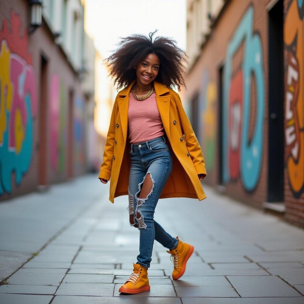 A girl walks confidently in a vibrant urban alley. She wears a bright yellow coat, pink top, and distressed jeans. She sports bold yellow sneakers. The background features colorful murals. Her hair is curly and voluminous. The scene captures a dynamic fashion vibe.