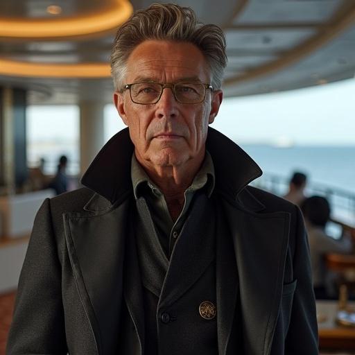 A galactic arms dealer named Jerdon Bly. He has an imposing and cunning presence. He wears elegant, exclusive clothing, mixing futuristic and military elements. His face shows a hard, confident expression. There are marked features, suggesting authority and determination. Discreet technological accessories indicate connections with information networks. He stands in a luxurious environment, like a high-end yacht, surrounded by opulence yet with an air of tension. The lighting highlights his dominant figure with shadows suggesting mystery and latent danger.