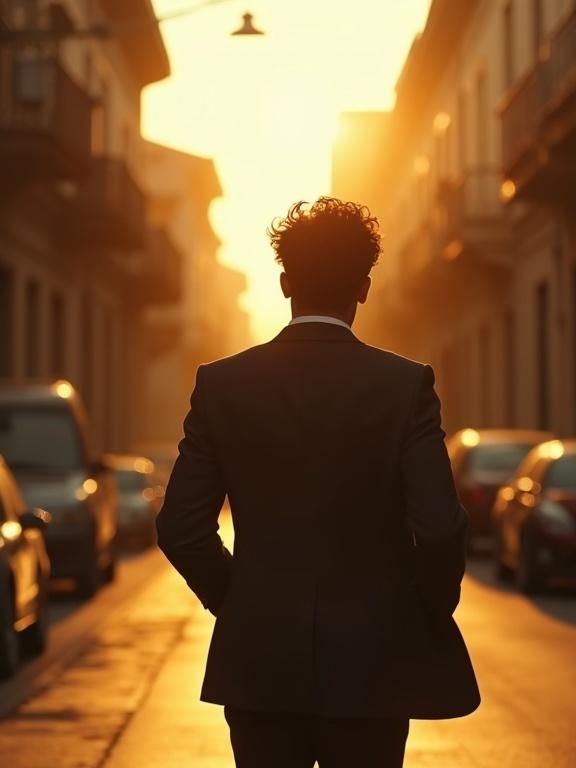 Photorealistic image of a Latino man dressed in a dark suit standing on a Brazilian street. He is facing away from the camera, looking back over his shoulder. The scene is illuminated by a golden sunset creating a sense of adventure and mystery. The atmosphere evokes feelings of dread and terror.