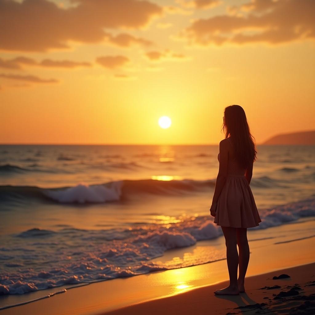 Symbolic image of love and longing. A person gazes at the horizon during sunset on a beach. Warm colors dominate the scene, creating a serene atmosphere.