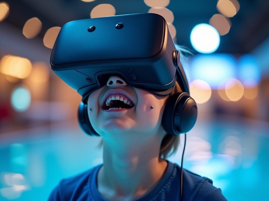 The image features a child experiencing virtual reality. He is wearing a VR headset and headphones, showing an expression of joy and awe. The background is filled with bright bokeh lights, creating a dreamy atmosphere. His facial sensors indicate an engaging virtual reality experience. The setting suggests a pool area, enhancing the immersive experience of swimming in a virtual environment.