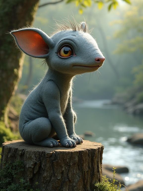 A gray storybook guardian with twinkling eyes sits on a tree stump. The character has stubby limbs covered in stitched fabric. The background features a riverbend and a forest. The style is painterly and fantasy-like.