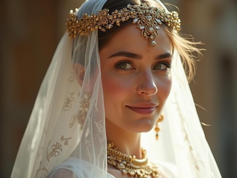 Circassian bride in white ceremonial dress with golden circlet and silver kinjal sheath. Soft smile while looking sideways. Rich fabric textures and bead patterns on veil. Shallow depth of field and cinematic portrait framing. Warm white light. Ultra-realistic photograph.