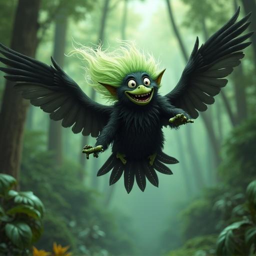Funny happy troll with light green hair flying on a raven in a jungle environment