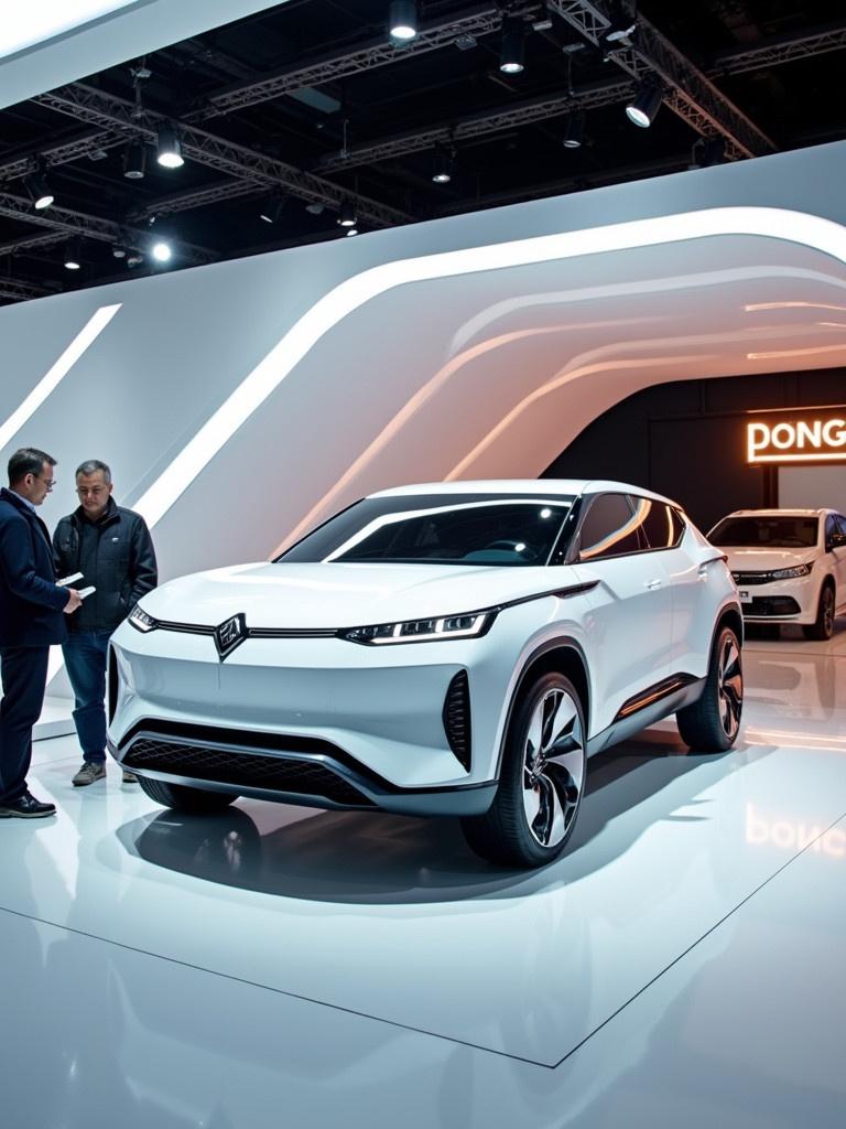 Futuristic car booth presents a sleek white Dongfeng centrally placed. Space features dynamic lighting combining warm and white hues. Two individuals actively examining the vehicle.