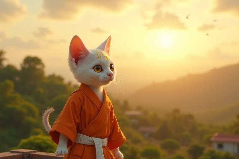 Vibrant cinematic scene in daylight. Panoramic view of Chandrapur village nestled in green hills. Kittuu is a human-like white kitten standing on a rooftop. He gazes at the horizon with sparkling brown eyes. Wears an orange karate gi with a white belt. His posture is confident. Sunlight reflects off his golden forehead mark. The background shows a golden sunrise with soft clouds and birds.