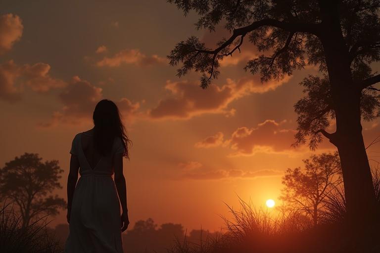 A serene scene capturing a moment of spiritual connection. A person in silhouette gazes at the sunset. Soft golden light bathes the landscape. Elements of Islamic architecture in the background. An emotional moment filled with love and respect.