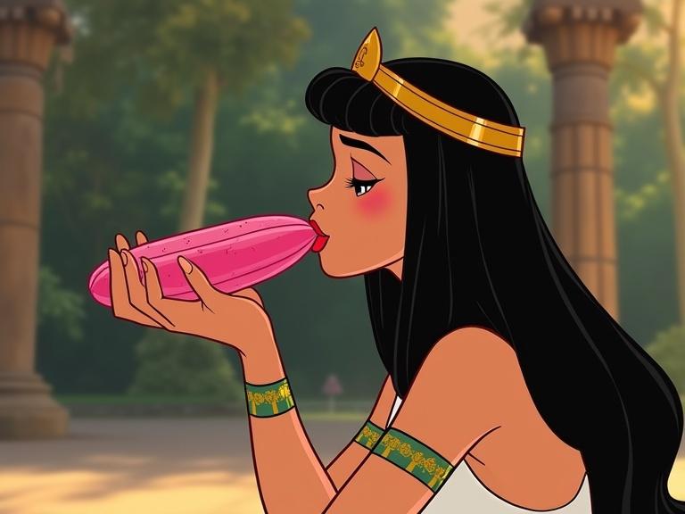 Cleopatra depicted as an animated character interacting with a pink cucumber. Bright and whimsical style. Focus on vibrant colors and character expression.