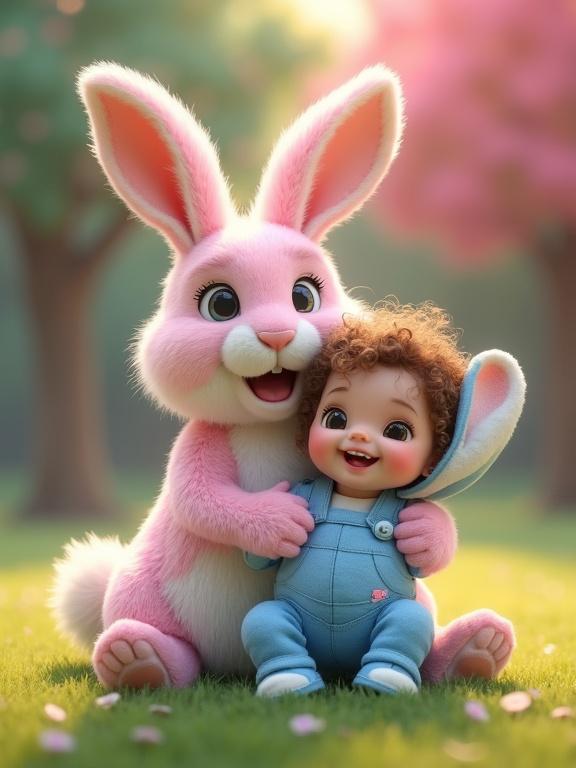 A human-sized pink and white rabbit sits in a colorful park holding a baby. The baby wears a blue outfit and has curly brown hair. Both the rabbit and baby smile and look towards the camera. A joyful scene captures a playful interaction between them.