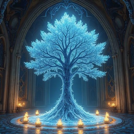 Dibujo de un árbol de cristal en un salón de fantasía. Estructura del árbol luminosa. Detalles intrincados y elementos mágicos alrededor. Ambiente encantador y sereno.