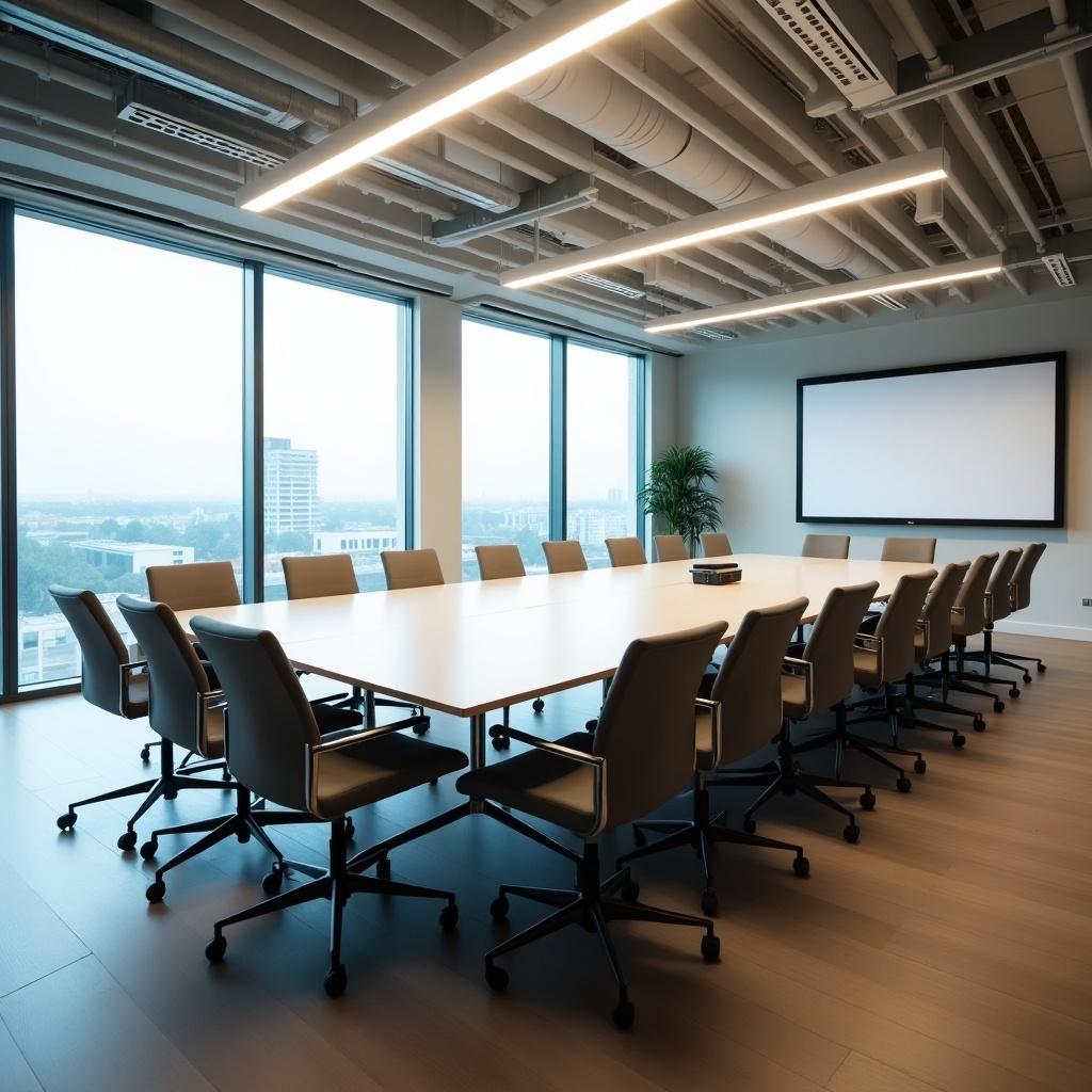 Empty boardroom with a large table and chairs. Bright, modern design with large windows. Simple layout and neutral colors.