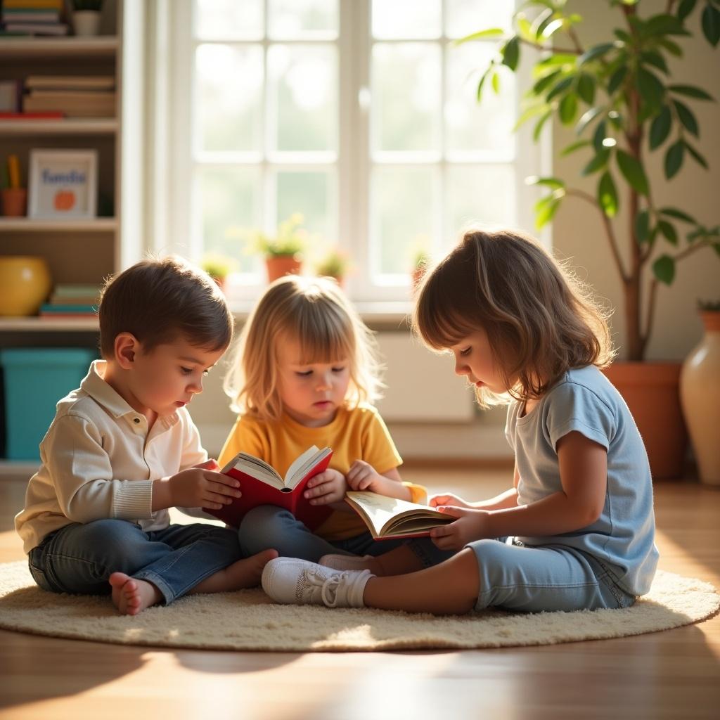 Small children engaged in a reading group. Natural light creating a warm atmosphere. Cozy setting with a circular rug. Kids focused on books. Positive expressions as they read together.