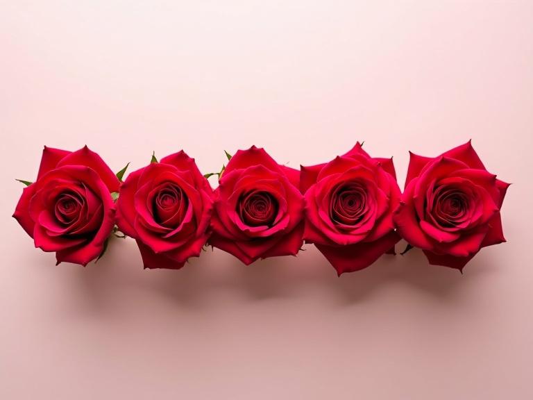 Five vibrant red roses arranged side by side. Neat horizontal row. Full visibility of roses without cutoff. Soft background. Space above for text. Romantic style.