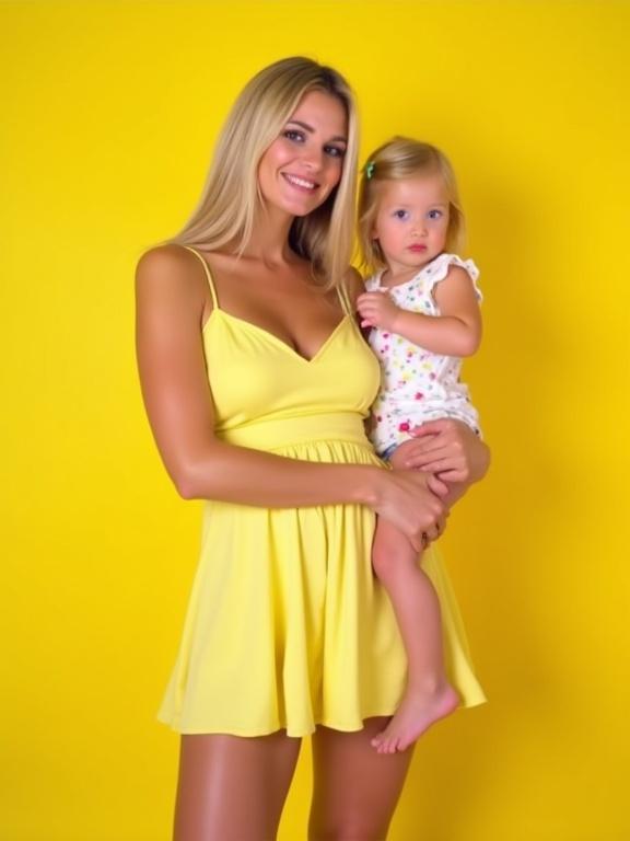 A woman in a yellow sundress is smiling while holding her daughter. Both are positioned against a bright yellow background, evoking a cheerful mood. The mother has blonde hair and the daughter is in a patterned outfit. The photo has a casual, candid feel to it, resembling vintage photography styles.