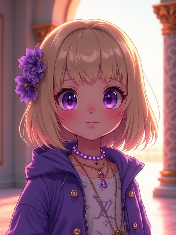 Anime character, a little girl with amethyst purple eyes. Seven years old, in a futuristic setting. Inside the Kanji Kingdom Royal Palace lobby. Wearing Louis Vuitton streetwear and a lot of amethyst purple diamond jewelry. Light blonde bob hairstyle, extroverted grin, elegant summer morning.