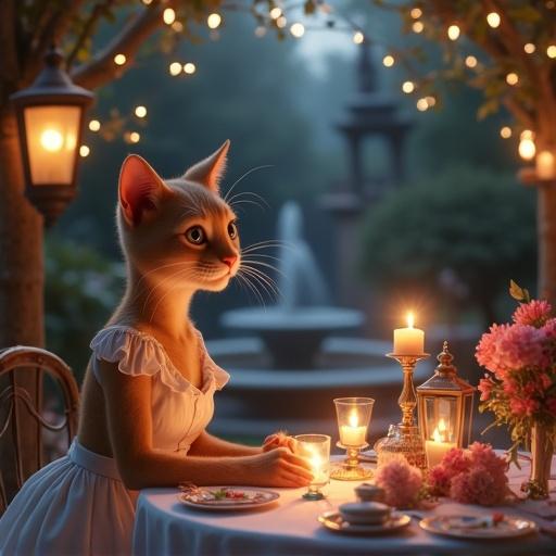 A cat dressed in a white vintage gown sits at a table on an outdoor terrace. The setting features fairy lights, a fountain in the background, and colorful flower arrangements. Lanterns hang from trees above while moonlight touches the cat's gown. The scene carries a surreal Disney art style.