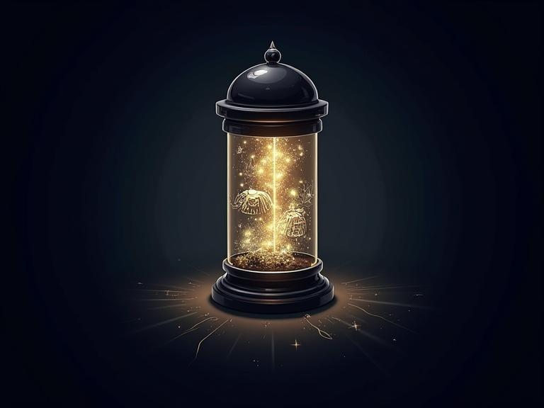 Logo for TikTok account called Capsule Curieuse. Glass capsule glowing with light. Half-open revealing glowing symbols and artifacts. Elegant design with sci-fi and museum vibe. Dark background and high contrast. Centered composition for profile picture.