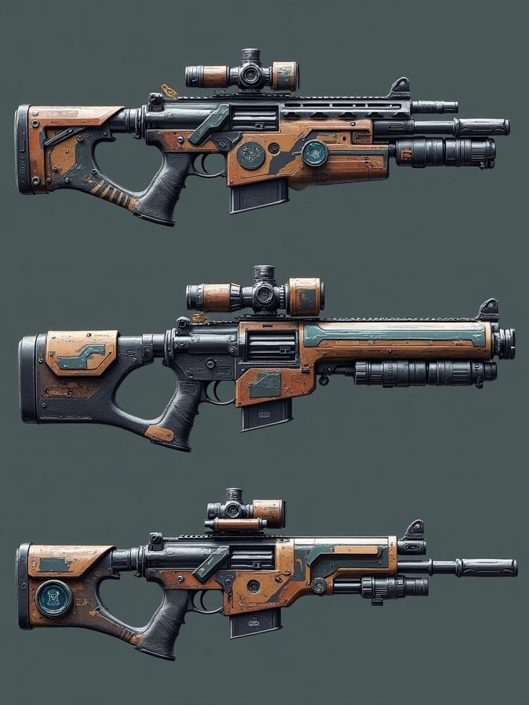 Artistic representation of a fictional futuristic tactical rifle. The rifle has high-tech features and a unique design. Suited for sci-fi environments. Designed with cyberpunk influences. Appealing for video game art and design.