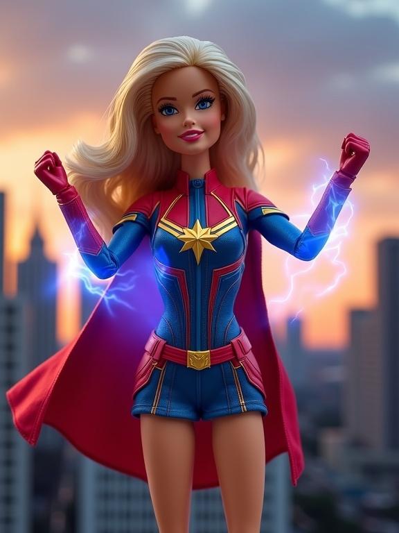 A Barbie doll stands in a superhero pose with hands raised. The doll wears a costume similar to Captain Marvel. Blue energy effects surround her hands. The background features a city skyline at sunset with tall buildings. The scene captures dramatic lighting and sharp focus.