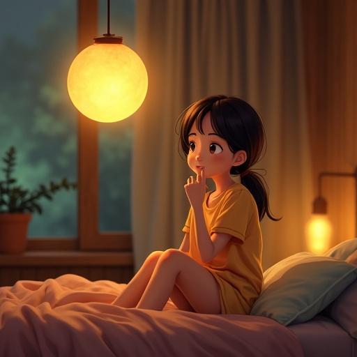 Animated lady with a thoughtful expression sitting in a cozy bedroom. Soft lighting creates a nostalgic atmosphere. Nightlight hangs above, filtering warmth. Earthy tones dominate the scene. Lady appears relaxed and contemplative.
