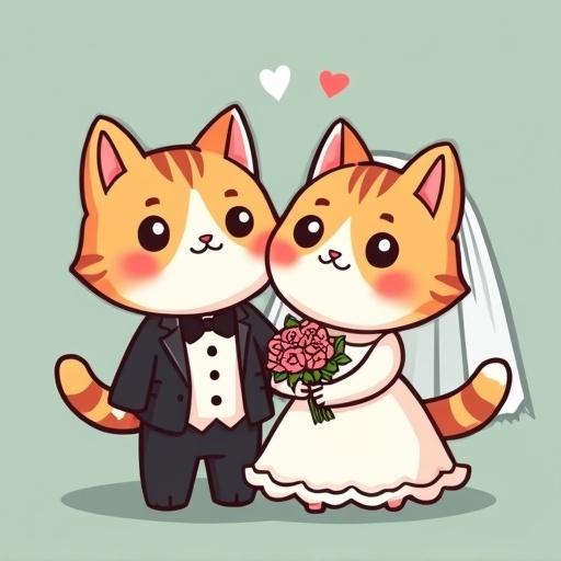Cartoon cats dressed as bride and groom. Cats have cute chibi features. Couple standing close together. Bride cat holds bouquet. Wedding venue with soft colors.