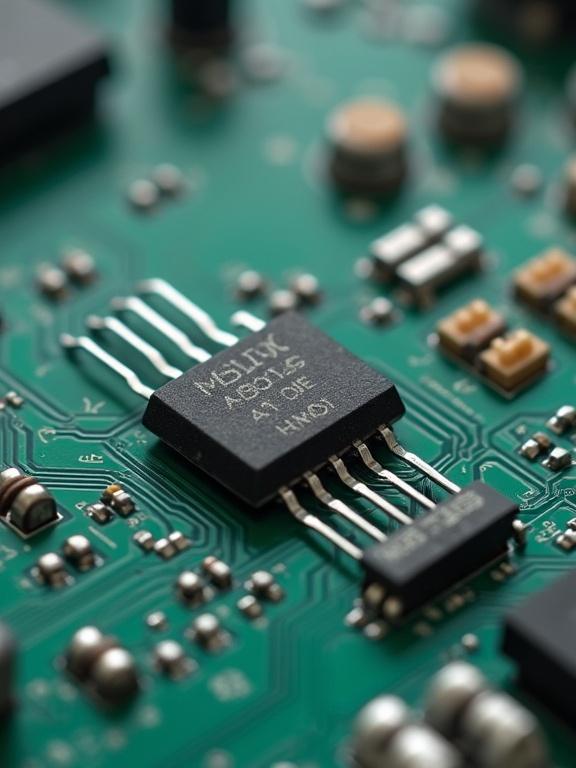 A medium size DIP resistor installed on a PCB surrounded by various electronic components. Highlight intricate details of the circuit elements. Focus on the texture and layout of the board. Capture a close-up view to showcase the connections and assembly.