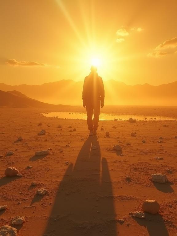 Vast and desolate landscape at golden hour. Warm light illuminates as a solitary figure walks ahead. Long shadows stretch across the ground towards the horizon. Ethereal god rays pierce through haze, illuminating dust particles. The surface shows small objects and reflective pools. Slightly blurred movement creates a dreamy quality. Low angle shot emphasizes scale