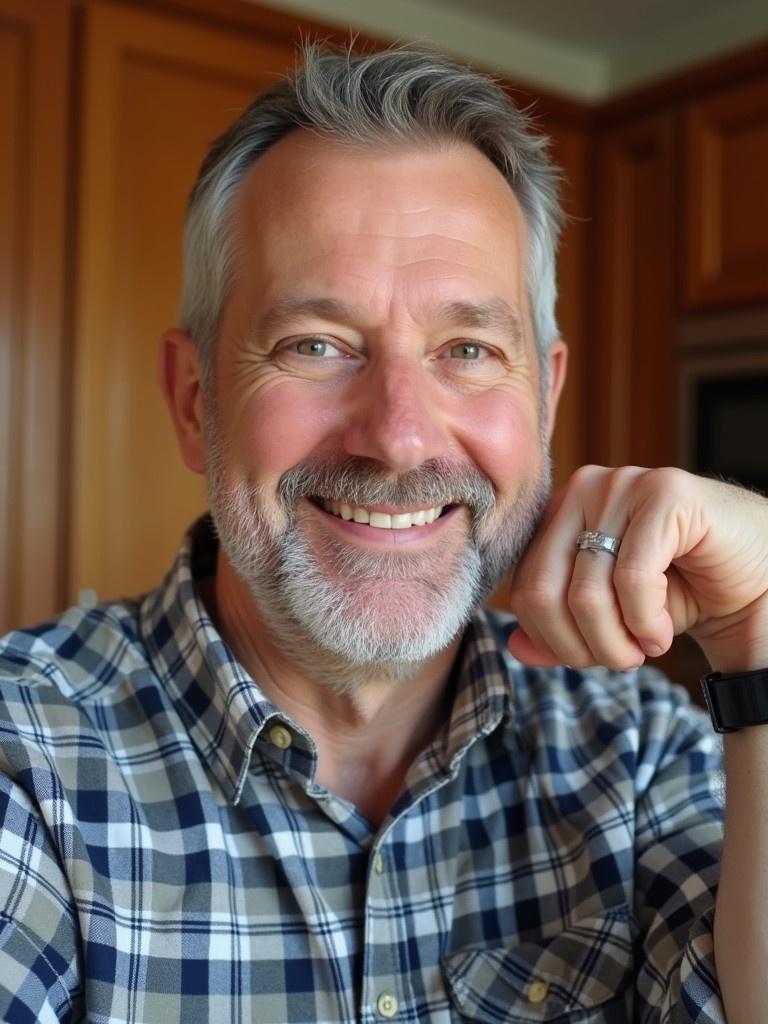 Image features middle-aged man with short gray hair and beard. Man wears a plaid shirt and smiles gently. Background shows wooden cabinetry. Lighting is warm and natural. He raises hand showing a watch. Image captures friendly approachable demeanor.