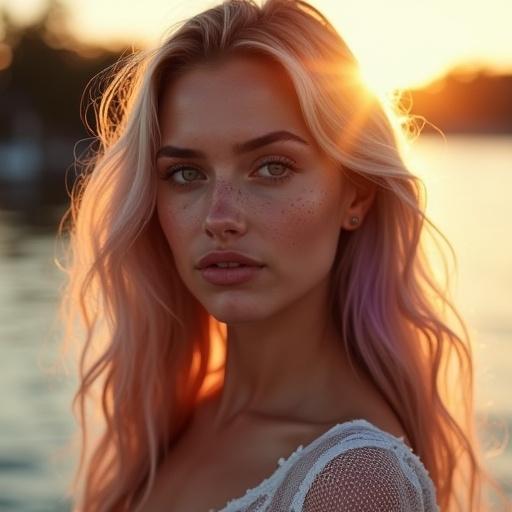 Stunning portrait of a Nordic influencer. Captured during golden hour. Long wavy blonde hair with purple streaks. Violet eyes are captivating and expressive. Light freckles on sun-kissed cheeks and nose. Slim sculpted nose and full lips. Buxom and athletic figure. Relaxed yet graceful posture. Softly blurred background with Scandinavian elements.