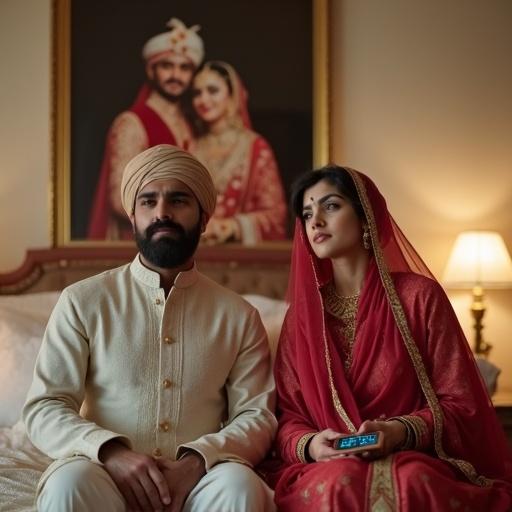 Wealthy Pakistani couple sitting in luxurious bedroom. Wife in simple shalwar kameez holding digital tasbih counter. Husband in traditional attire comforting her. Large wedding photo on the wall shows couple smiling in colorful bridal attire. Atmosphere is emotionally charged with sadness contrasting with joy in the photo.