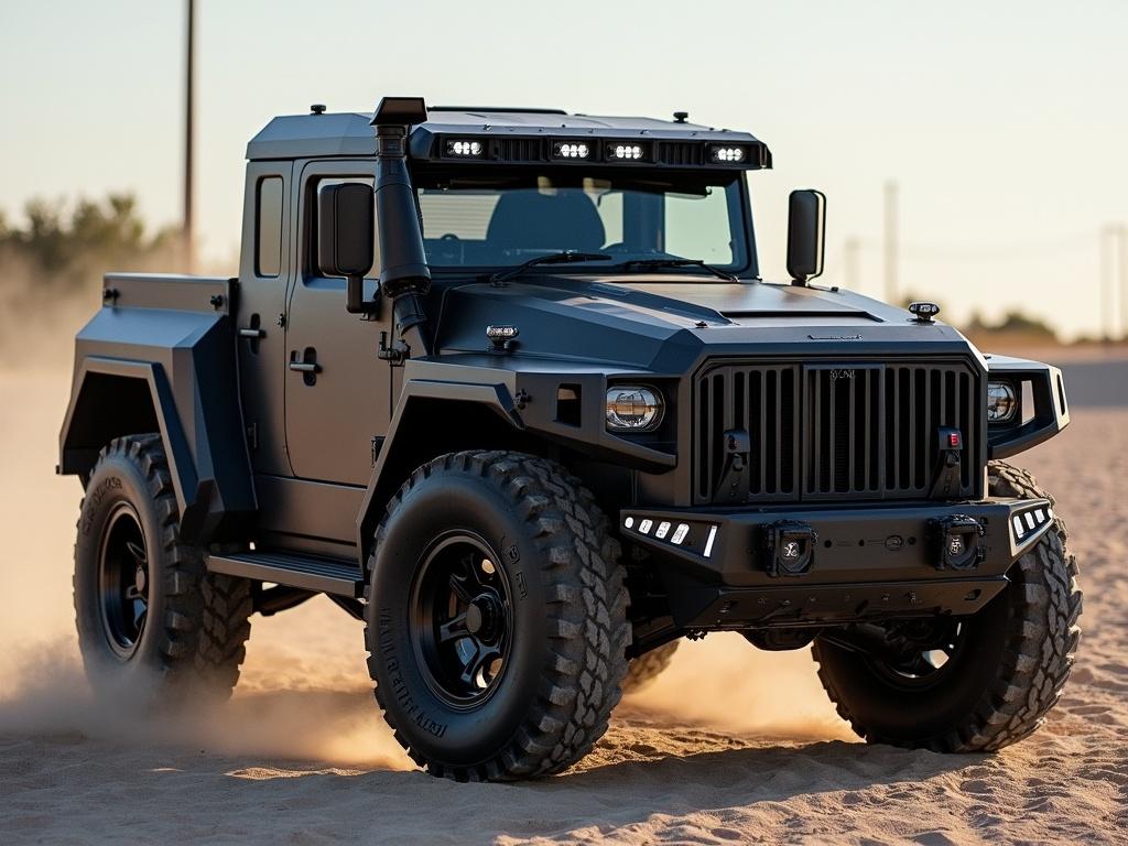 Hand-built armored performance truck with a matte black finish. Features bulletproof construction and a hybrid diesel-electric powertrain. The truck produces 1,000 horsepower and has exclusive smoke-screen capabilities. Only 50 units produced annually. Off-road performance captured in a desert setting.