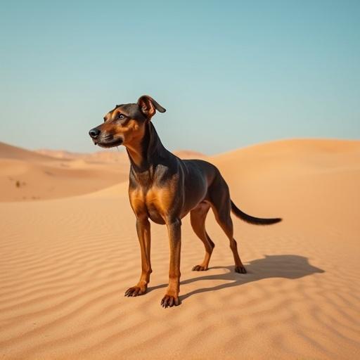 Dog stands in a desert landscape with sand dunes and clear blue sky. Bright sunlight highlights the scene. Dog appears alert and poised amid the serene background.